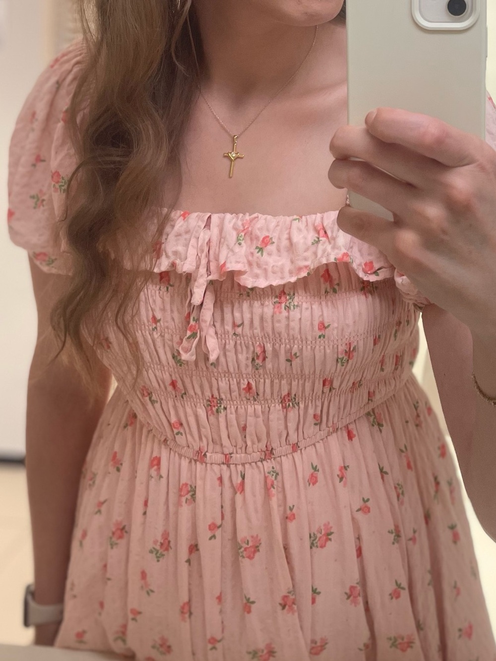 Women's Pink Floral Ruffle-Smocked Dress Top